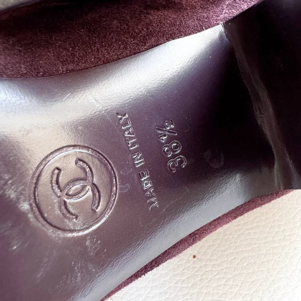 Chanel Burgundy Suede Ankle Boots with Gold CC